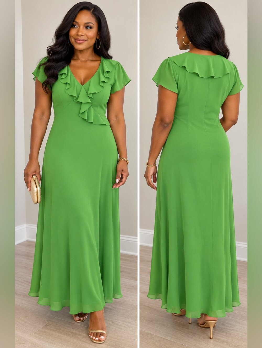 Chadwicks Lime Green Ruffle V-Neck Maxi Dress